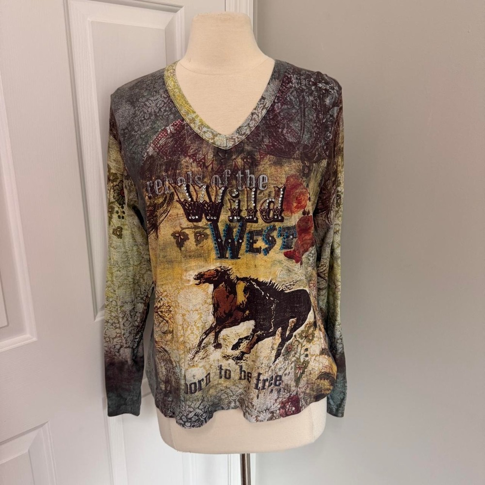 Y2K MULTICOLOR BIT & BRIDLE WESTERN THEMED ALL OVER PRINT LONG SLEEVE TOP